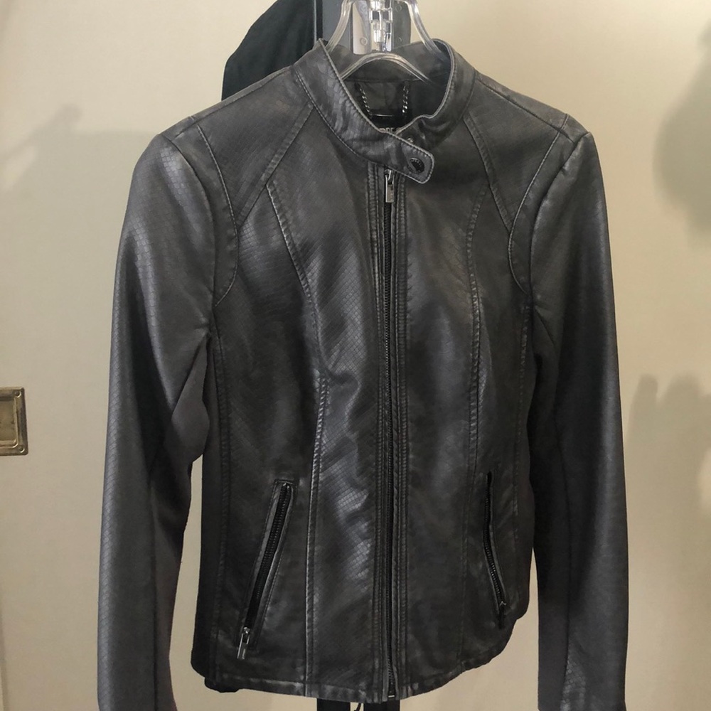 Grey leather jacket.